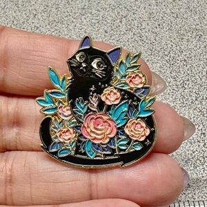 Black Cat Enamel Pin with Floral Design